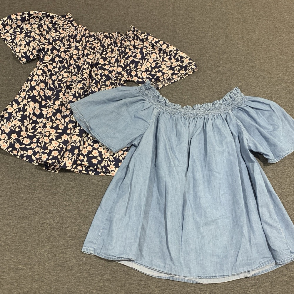 LOT OF 2 -There Abouts GIRLS Size 2XL (20 1/2) Tops Denim Blue and Floral Blouse